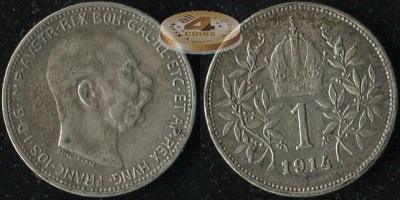 Австро-Венгрия (Австрия). 1 крона. 1914 (aXF/aUnc. Серебро)