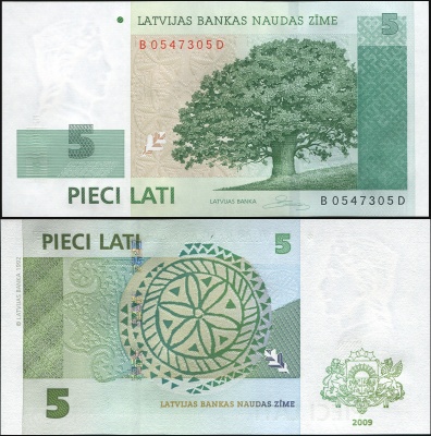 Латвия. Банкнота 5 латов. 2009. Unc. Бумага. Кат# P.53c