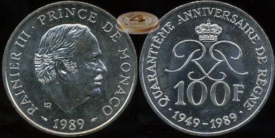 Монако. 100 франков. 1989 (Unc. Серебро)