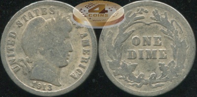 США. 10 центов (Дайм). 1913 (AG. Серебро)