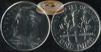 США. Монета 10 центов [Дайм]. 2010.D (KM#195a. Unc) Roosevelt Dime