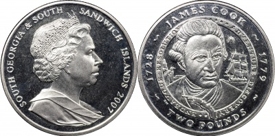 Южная Георгия и Южные Сандвичевы о-ва. Монета 2 фунта. 2007 (KM#36. Unc) Джеймс Кук. 1728-1779
