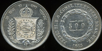 Бразилия. 500 рейс. 1863 (aUnc. Серебро)