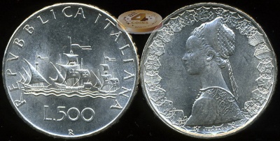 Италия. 500 лир. 1966 (Unc. Серебро)