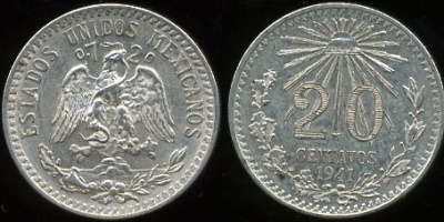 Мексика. 20 центаво. 1941 (aUnc. Серебро)