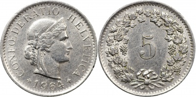 Швейцария. Монета 5 раппенов. 1964.B (S.1212 / KM#26. Unc)