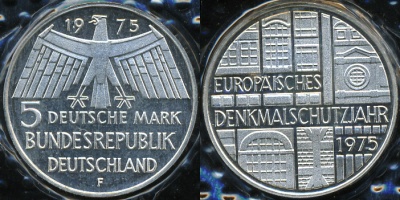 Германия (ФРГ). 5 марок. 1975 F (Proof) Серебро