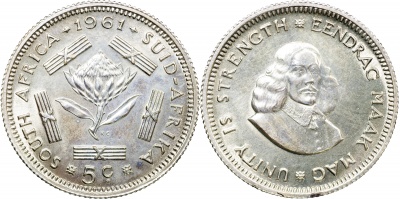 ЮАР. Монета 5 центов. 1961 (KM#59. Unc. Серебро)