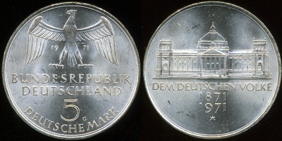 Германия (ФРГ). 5 марок. 1971 (Серебро)