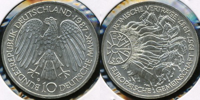 Германия (ФРГ). 10 марок. 1987 (G) (Unc. Серебро)