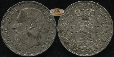 Бельгия. 5 франков. 1876 (aUnc. Серебро)