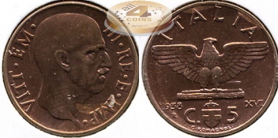 Италия. 5 центезимо. 1938 (XF)