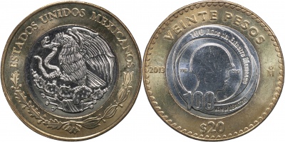 Мексика. Монета 20 песо. 2013.M° (KM#969. Unc. Биметалл) 100 лет вооруженным силам Мексики