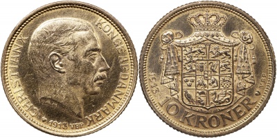 Дания. Монета 10 крон. 1913 (KM#816. Unc. Золото)