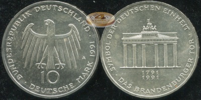 Германия [ФРГ]. Монета 10 марок. 1991.A (J.452 / KM#177. Unc. Серебро) 200 лет Бранденбургским ворот