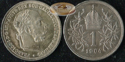 Австро-Венгрия (Австрия). 1 крона. 1904 (aUnc++. Серебро)