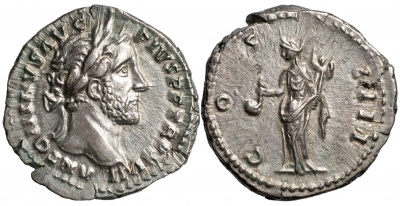 Римская империя. Антонин Пий. Денарий. aUnc серебро. 153-154