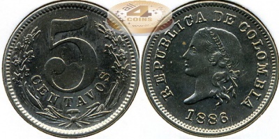 Колумбия. 5 центаво. 1886 (XF+)