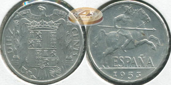 Испания. Монета 10 центимов. 1953 (KM#766. Unc)