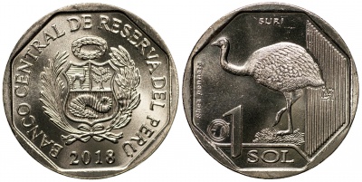 Перу. Монета 1 соль. 2018 (KM#NL. Unc) Дарвинов нанду (Rhea pennata)