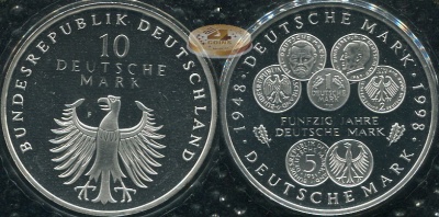 Германия (ФРГ). 10 марок. 1998 F (Proof. Серебро)