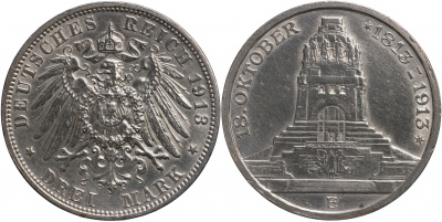 Германская имп. [Саксония]. Монета 3 марки. 1913.E (KM#1275. aUnc/XF. Серебро) Победа под Лейпцигом