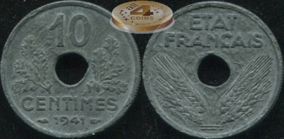 Франция. 10 центимов. 1941 (Unc)