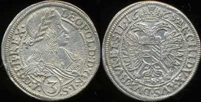 Священная Римская империя. 3 крейцера 1665 (XF. Серебро. R!) 