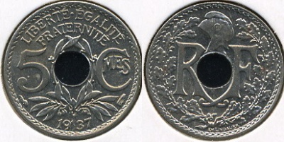 Франция. 5 сентимов. 1937 (Unc)