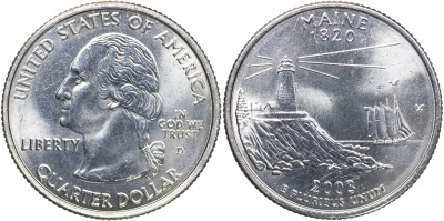 США. Монета 25 центов [Квотер]. 2003.D (KM#345. Unc) Мэн