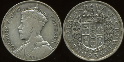 Новая Зеландия. 1/2 кроны. 1934 (VF. Серебро)