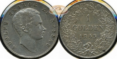 Германия (Нассау). 1 гульден. 1845 (VF+. Серебро)
