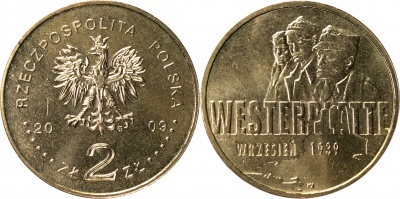 Польша. Монета 2 злотых. 2009 (KM#Y.694. Unc) Оборона Вестерплатте. Сентябрь 1939