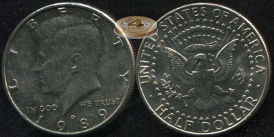 США. Монета 1/2 доллара. 1989.D (KM#A202b. Unc) Kennedy Half Dollar