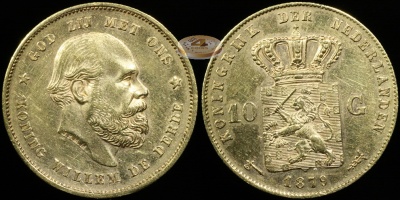 Нидерланды. 10 гульденов. 1879 (aUnc+. Золото)