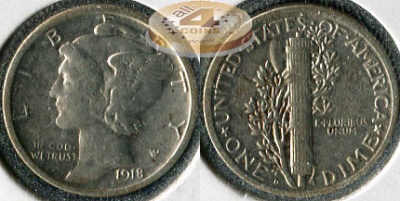 США. 10 центов (Дайм). 1918.D (VF/XF. Серебро)