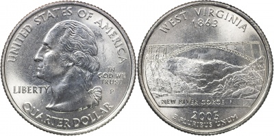 США. Монета 25 центов [Квотер]. 2005.P (KM#374. Unc) Западная Вирджиния
