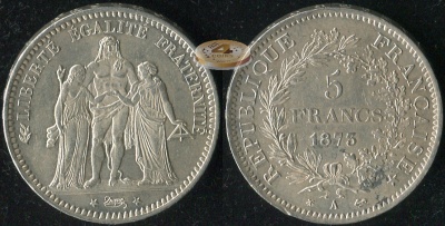Франция. 5 франков. 1873.A (aUnc. Серебро)