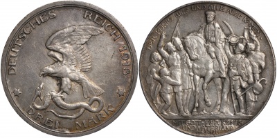 Германская имп. [Пруссия]. Монета 3 марки. 1913.A (KM#534. aUnc. Серебро) Победа под Лейпцигом