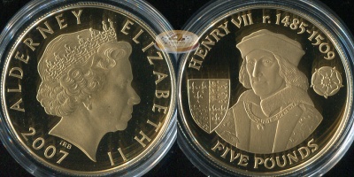 Олдерни. 5 фунтов. 2007 (Proof. Серебро. Позолота)