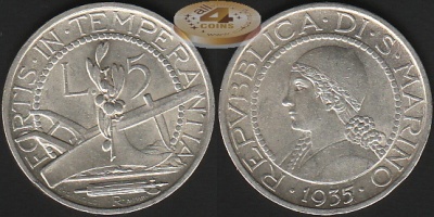 Сан-Марино. 5 лир. 1935 (aUnc. Серебро)