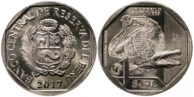 Перу. Монета 1 соль. 2017 (KM#404. Unc) Острорылый крокодил (Crocodylus acutus)