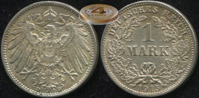 Германия [Кайзер Райх]. 1 марка. 1915.D (XF+. Серебро)