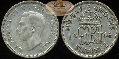 Великобритания. 6 пенсов. 1946 (VF. Серебро)