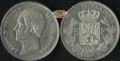 Бельгия. 5 франков. 1851 (XF. Серебро)