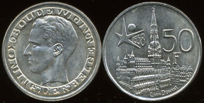 Бельгия. 50 франков. 1958 (Unc. Серебро)
