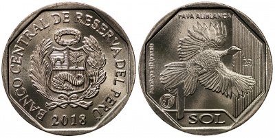Перу. Монета 1 соль. 2018 (KM#NL. Unc) Белокрылый гуан (Penelope albipennis)