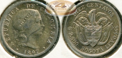 Колумбия. 10 центаво. 1897 (XF. Серебро)