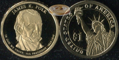 США. 1 доллар. 2009.S (Proof) Джеймс Нокс Полк