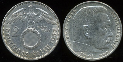 Германия (3й рейх). 2 марки. 1937 (XF+. Серебро)